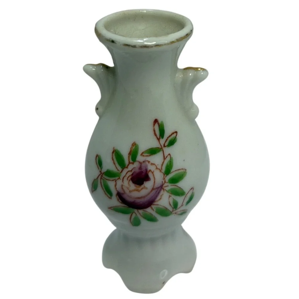 Occupied Japan Miniature Porcelain Bud Vase Rose Floral Double Handle Vintage